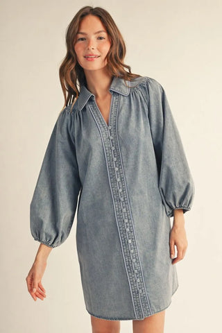 Light 3/4 Puff Sleeve Button Down Denim Dress