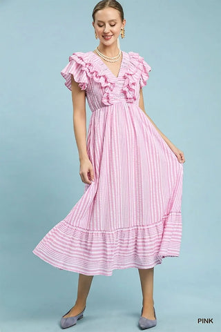 Pink Ruffled Striped Midi Dress w/ Pockets FINAL SALE