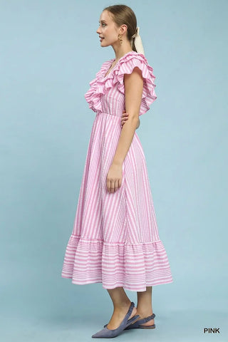 Pink Ruffled Striped Midi Dress w/ Pockets FINAL SALE