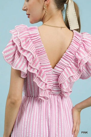 Pink Ruffled Striped Midi Dress w/ Pockets FINAL SALE