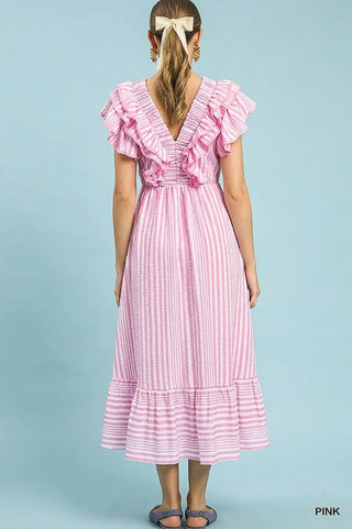 Pink Ruffled Striped Midi Dress w/ Pockets FINAL SALE