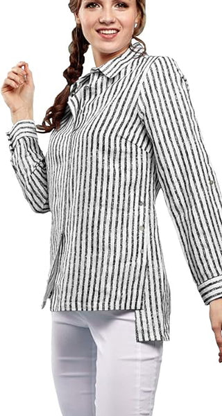 Long Sleeve Notch Collar Striped Blouse