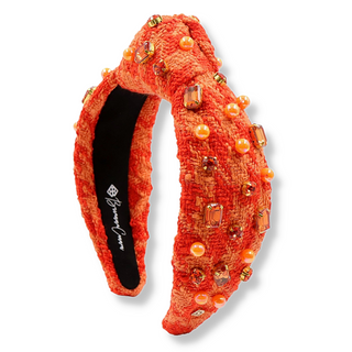 BRIANNA CANNON ORANGE KNIT HEADBAND WITH CRYSTALS & PEARLS