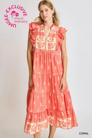 Coral Floral Tiered Ruffle Midi Dress Final Sale