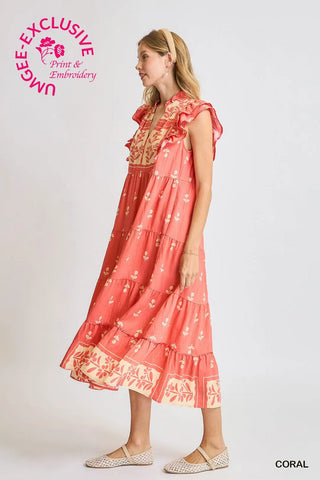 Coral Floral Tiered Ruffle Midi Dress Final Sale