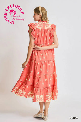 Coral Floral Tiered Ruffle Midi Dress Final Sale