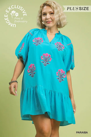 Curvy Paraiba Boho Floral Embroidered Mini Dress FINAL SALE