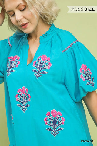 Curvy Paraiba Boho Floral Embroidered Mini Dress FINAL SALE