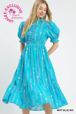 Mint Blue Vibrant Ruffle Smocked Midi Dress FINAL SALE