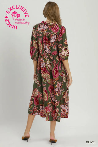 Olive Boho Paisley Tiered Midi Dress