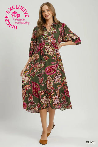 Olive Boho Paisley Tiered Midi Dress