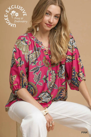 Pink Paisley Puff Sleeve Blouse