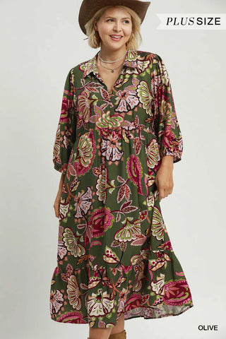Curvy Olive Boho Paisley Tiered Midi Dress