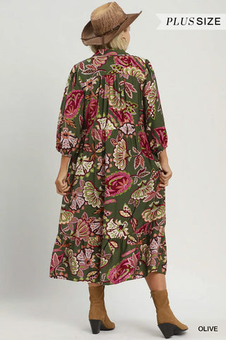 Curvy Olive Boho Paisley Tiered Midi Dress