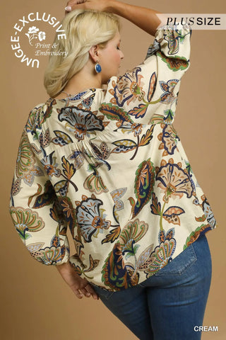 Curvy Cream Boho Paisley Puff Sleeve Blouse