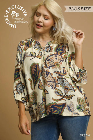 Curvy Cream Boho Paisley Puff Sleeve Blouse