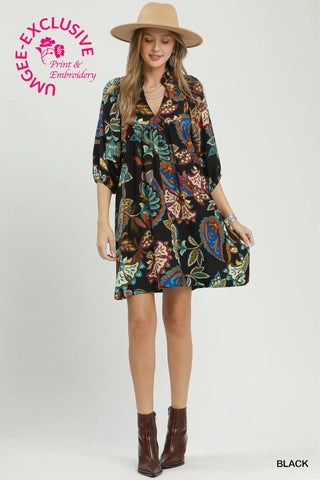 Abstract Print Puff Sleeve Babydoll Dress in Black