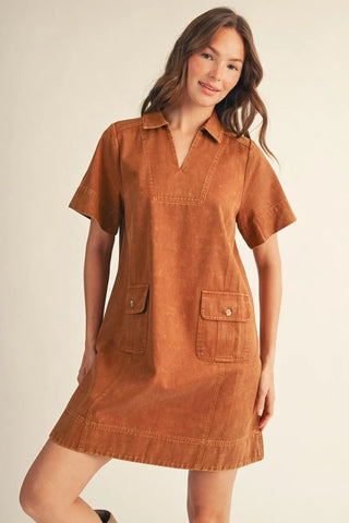 Camel Short Sleeve Garment Washed Casual Shift Dress