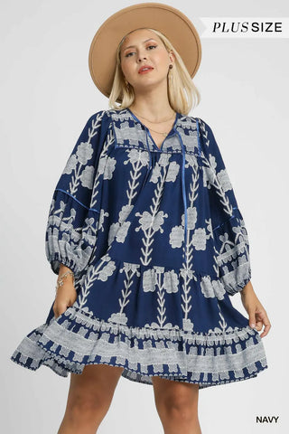 Curvy Navy Tribal Print Dress with Tie Neck