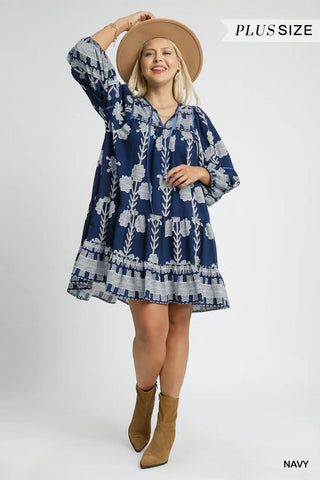 Curvy Navy Tribal Print Dress with Tie Neck