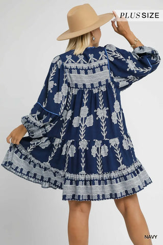 Curvy Navy Tribal Print Dress with Tie Neck