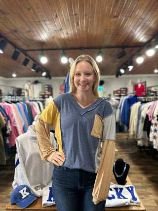 Blue/Mustard Exposed Seam Colorblock Top