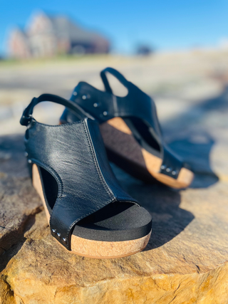 Carley Platform Wedge in Black Smooth by Corkys