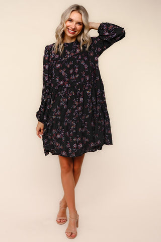 Curvy Black Frilled Mock Neck Tiered Floral Woven Dress Final Sale