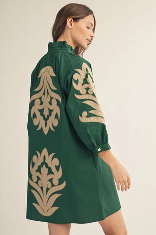 Hunter Green 3/4 Sleeves Baroque Floral Applique Shift Dress w/ Pockets