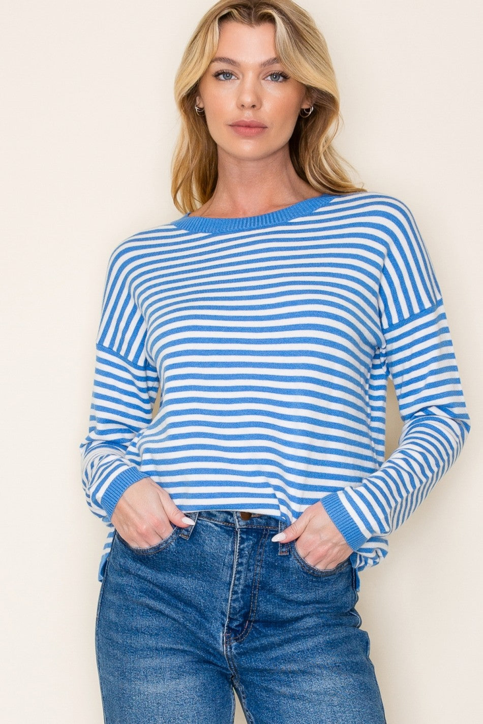 BLUE STRIPED LONG SLEEVE CREW NECK PULLOVER SWEATER