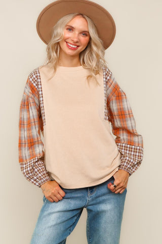 Curvy Oatmeal/Rust Solid Top W/ Contrast Plaid Print Sleeves Final Sale