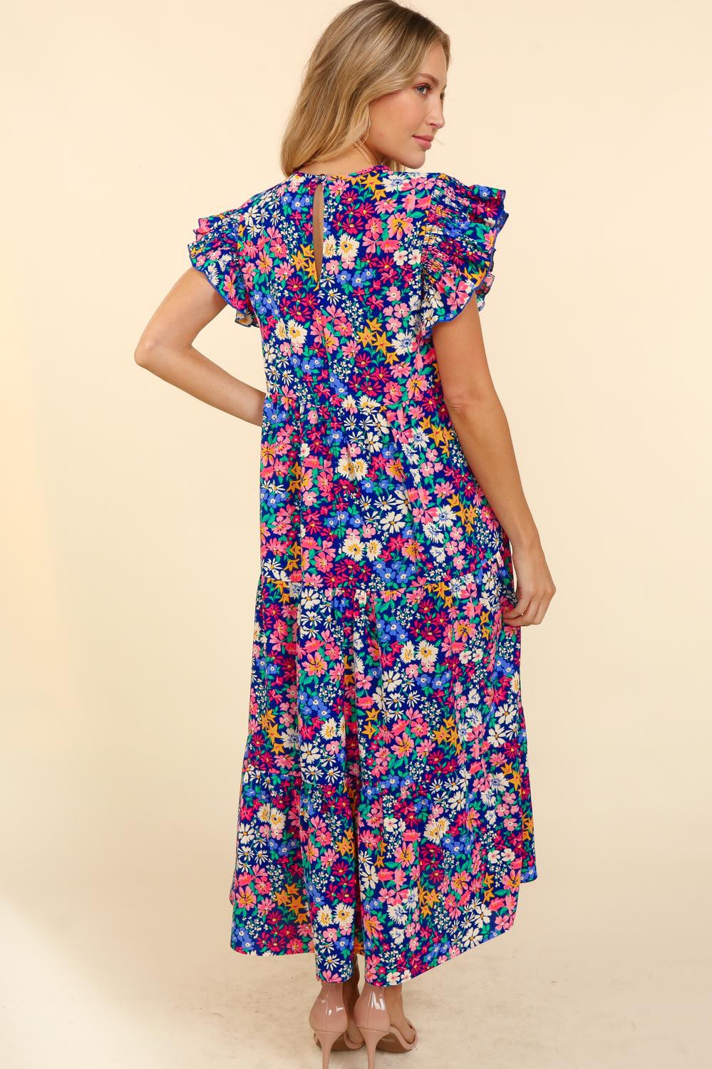 RUFFLE MAXI LENGTH FLORAL WOVEN DRESS