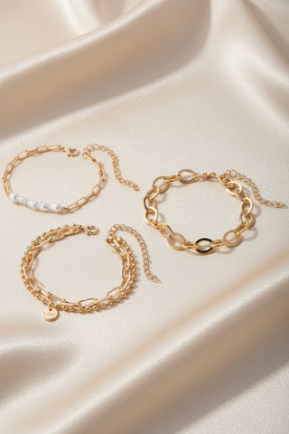 3 Piece Pearl/Gold Beaded Bracelet Set