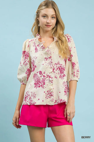 Berry Floral Embroidered Blouse with Ruffle Trim