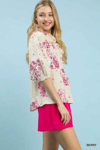 Berry Floral Embroidered Blouse with Ruffle Trim