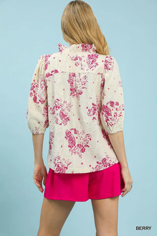Berry Floral Embroidered Blouse with Ruffle Trim