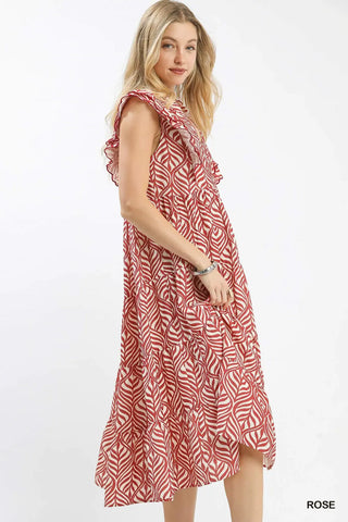 Rose Leaf Print Tiered Midi Dress FINAL SALE