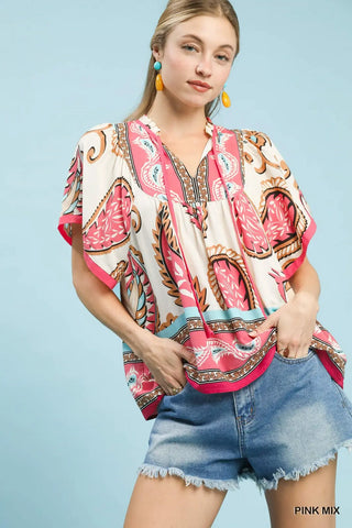 Pink Mix Paisley Border Print Tassel Top FINAL SALE