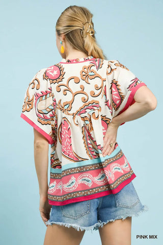 Pink Mix Paisley Border Print Tassel Top FINAL SALE