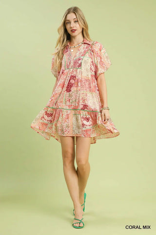 Coral Boho Patchwork Ruffle Mini Dress Final Sale