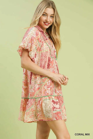 Coral Boho Patchwork Ruffle Mini Dress Final Sale