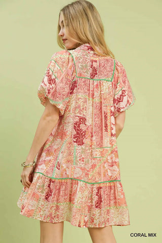 Coral Boho Patchwork Ruffle Mini Dress Final Sale