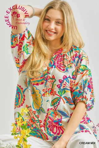 Cream Paisley Print V-Neck Top Final Sale