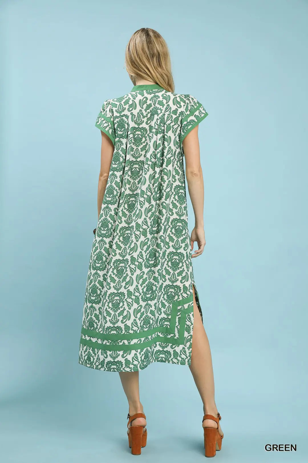 two tone green dress Green Abstract Two Tone Print Midi Dress w/ Pockets M