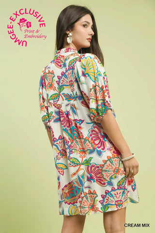 Cream Abstract Print Puff Sleeve Babydoll Dress Final Sale