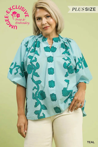 Curvy Teal Print Smocked Collared Top Final Sale