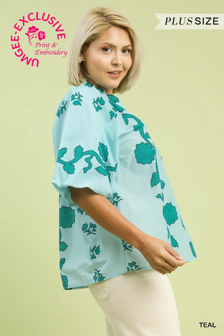 Curvy Teal Print Smocked Collared Top Final Sale