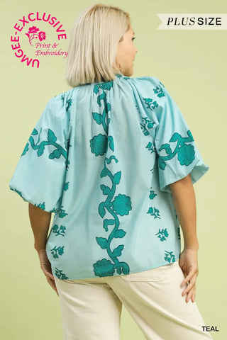 Curvy Teal Print Smocked Collared Top Final Sale