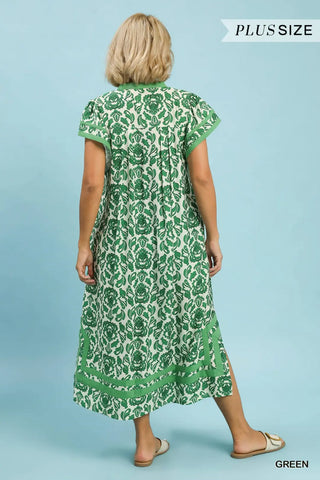 Curvy Green Abstract Two Tone Print Midi Dress w/ Pockets Final Sale