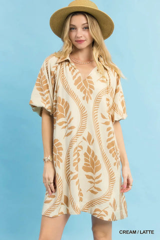 Cream/Latte Leafy Ogee Print Mini Dress
